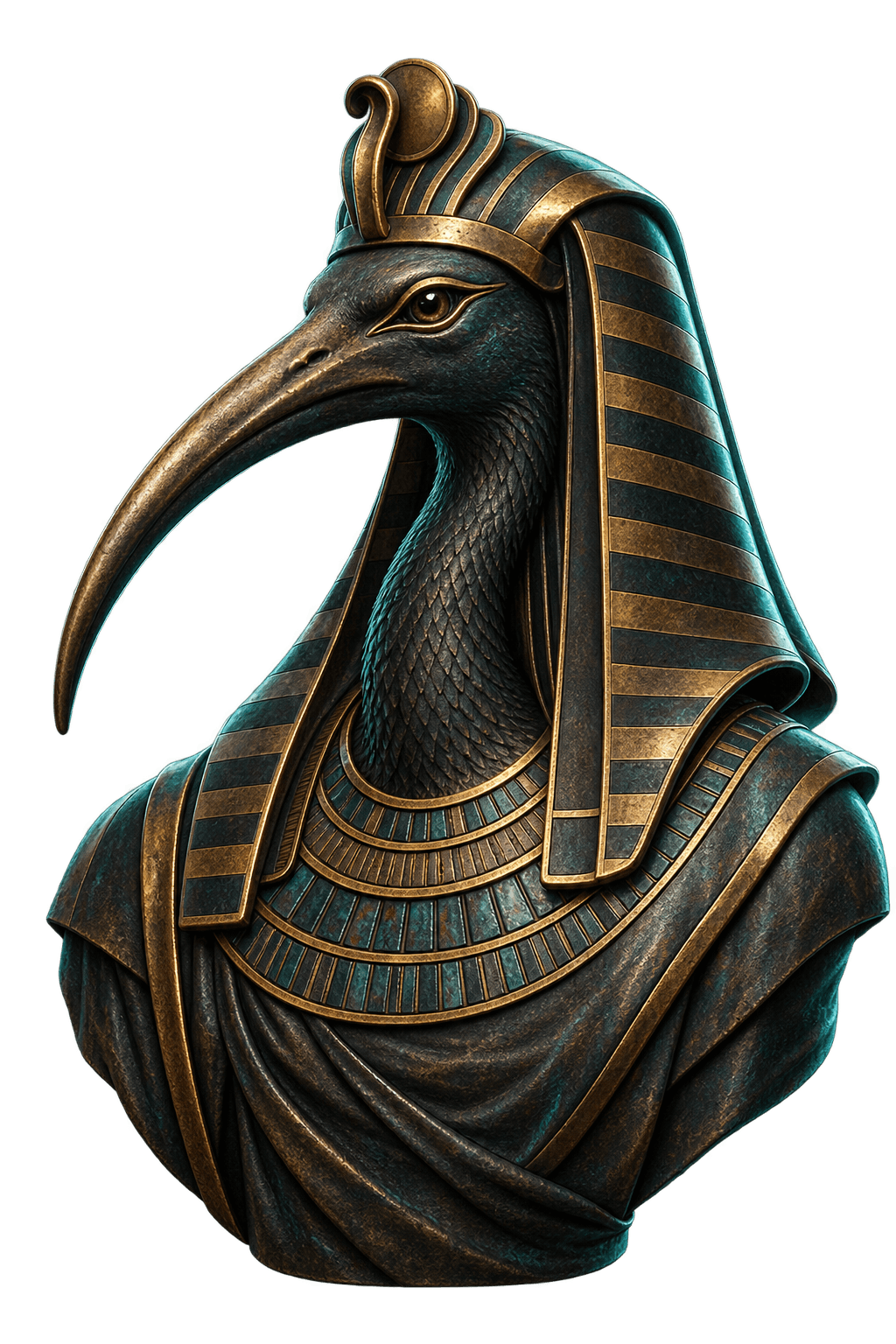 Sculptural portrait of ibis-headed Thoth in antique gold and teal, wearing an Egyptian headdress.